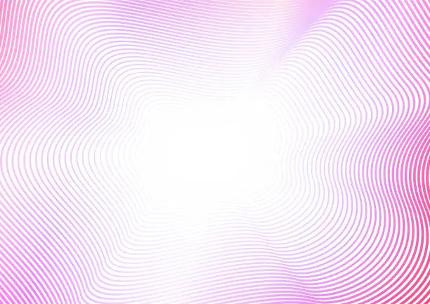 Vector illustration of Squiggle curves of purple, magenta gradient. Bright colourful waves. Abstract background with white copy space. Vector line art pattern with flash effect. Frame, border spring design. EPS10 illustration