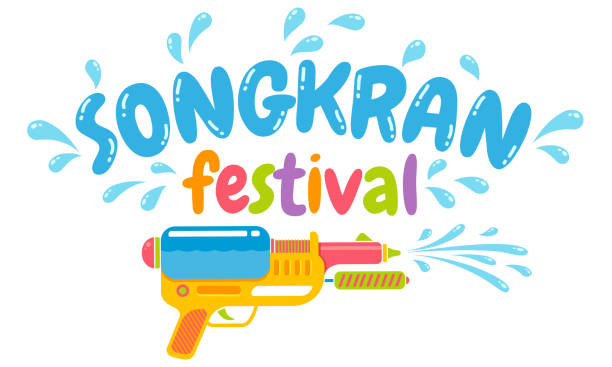 Emblem for water festival with gun. Vector emblem gun for Songkran festival in Thailand. Poster for water festival with gun. squirting stock illustrations