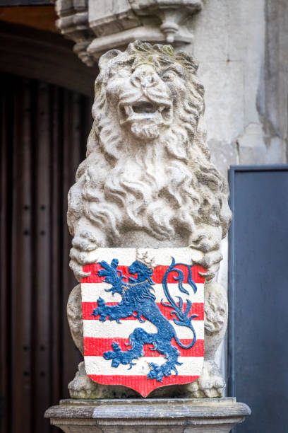 leão com o revestimento de braços de bruges no markt de grote - flag flanders medieval lion - fotografias e filmes do acervo