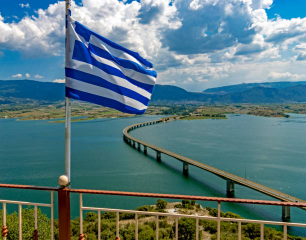 istock Greece flag. Lake Polyfytos Bridge, landscape in Kozani, Greece 1132628113