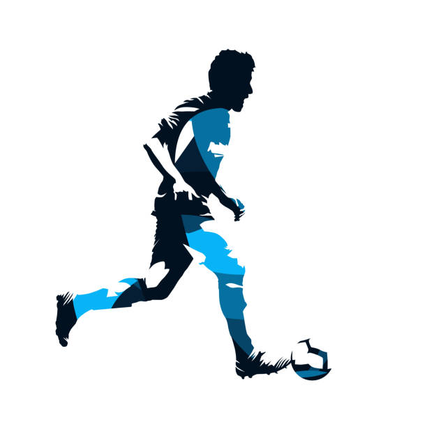 ilustraciones, imágenes clip art, dibujos animados e iconos de stock de jugador de fútbol corriendo con la pelota, abstracto azul aislado silueta vectorial - soccer child silhouette sport