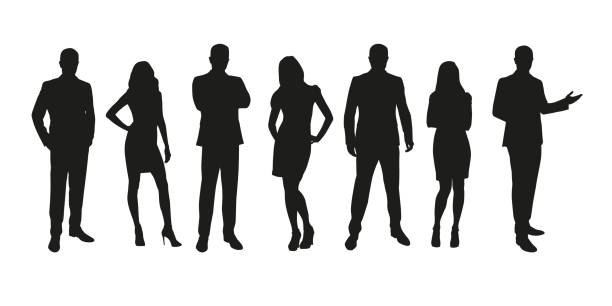 Business people, group of men and women isolated silhouettes Business people, group of men and women isolated silhouettes cut out stock illustrations