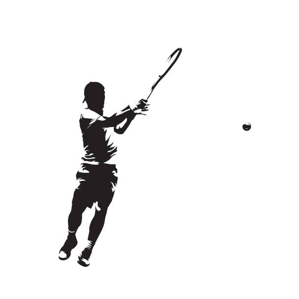 illustrazioni stock, clip art, cartoni animati e icone di tendenza di giocatore tenis, silhouette vettoriale isolata, disegno a inchiostro. sport individuale - tennis men indoors serving