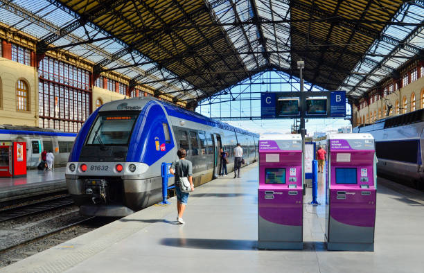 Marseille, France Train Station Kiosks and train at Marseilles's train station marseille station stock pictures, royalty-free photos & images