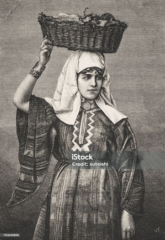 A woman from Bethlehem in a classic costume. history, vintage, illustration, retro style,  19th Century Style, old, woman, Betlehem, Ancient stock illustration