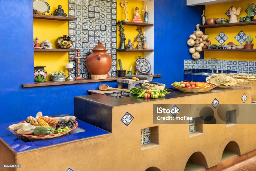 Mexican decorated kitchen Old fashioned traditional kitchen workplace in Mexico Mexico Stock Photo