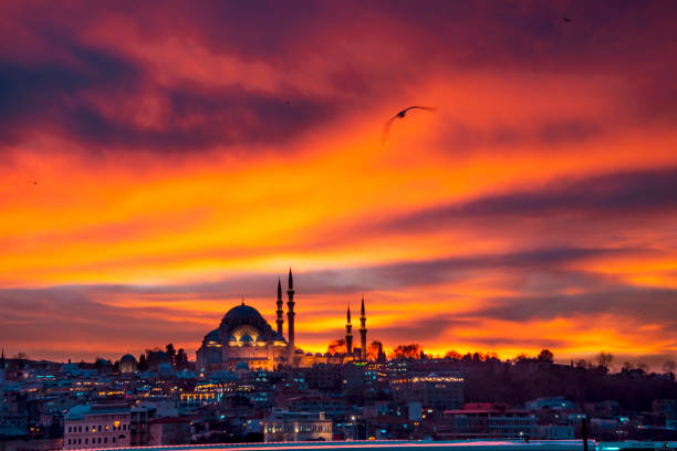 moschea al tramonto con nuvole vista molto bella ahmed arnaoty - cupola asia turkey istanbul foto e immagini stock
