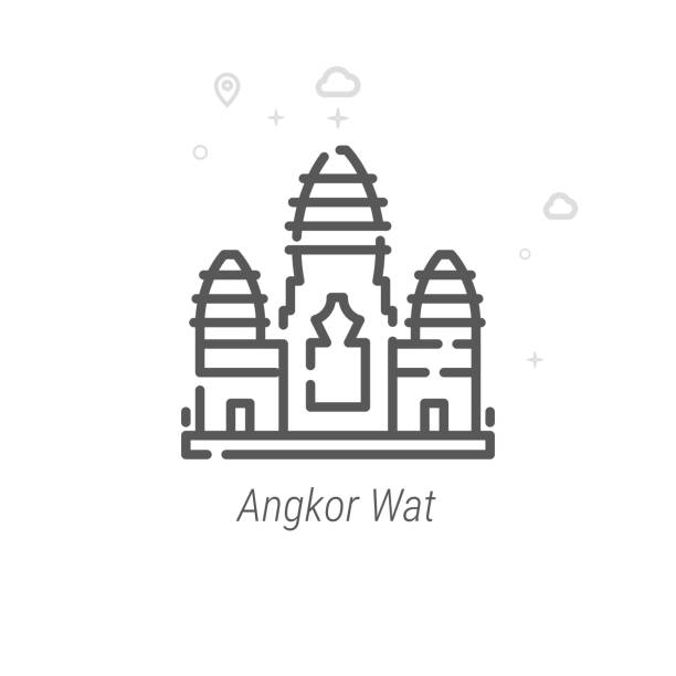 ilustrações de stock, clip art, desenhos animados e ícones de angkor wat, cambodia vector line icon, symbol, pictogram, sign. light abstract geometric background. editable stroke - angkor wat