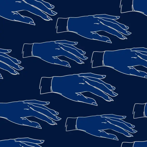 Vector illustration of seamless pattern with painted blue hands on a blue background