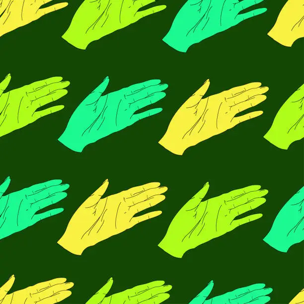 Vector illustration of seamless pattern with colored palms on green background