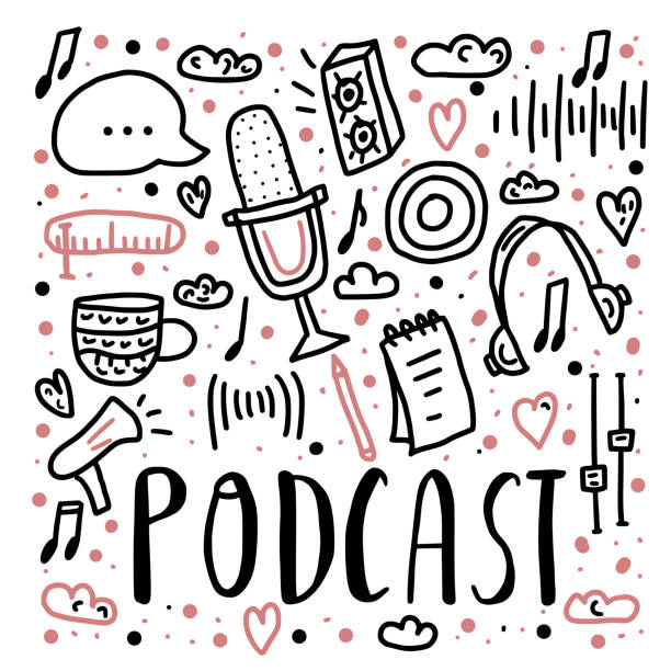 Podcast lettering with decoration. Vector design. Podcast screen with handwritten lettering and decoration. Poster template with text and symbols in doodle style. Vector conceptual illustration. web radio stock illustrations