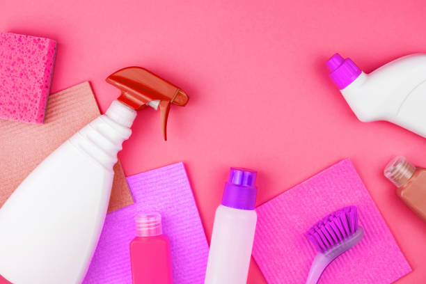 istock House cleaning products are on pink background. 1132647353