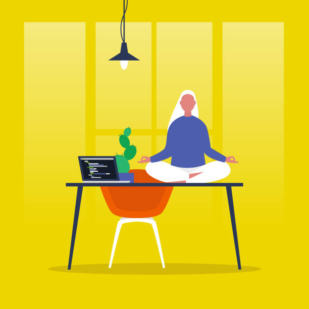 ilustrações de stock, clip art, desenhos animados e ícones de meditation. yoga at the office. harmony and relaxation. calm female character sitting in a lotus pose on a desk. flat editable vector illustration, clip art. modern healthy lifestyle - spiritual practices