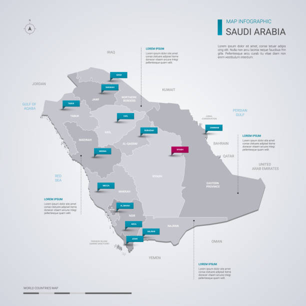 Saudi Arabia vector map with infographic elements, pointer marks. Saudi Arabia vector map with infographic elements, pointer marks. Editable template with regions, cities and capital Riyadh. saudi arabia stock illustrations