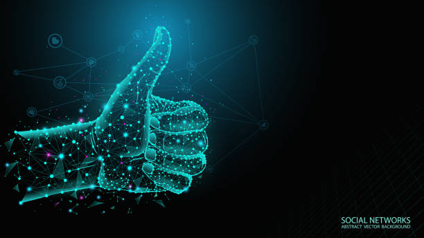 istock Abstract futuristic blue background of dots and lines. Human hand with a raised finger. Mark of approval. Social networks and the Internet. The virtual reality. 1132648296