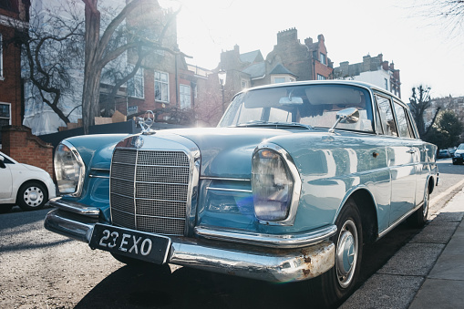 London, UK - February 23, 2019: Front view of old blue Mercedes-Benz 600 parked on a side of a road in London on a sunny day. The Mercedes-Benz 600 was produced from 1963 to 1981.