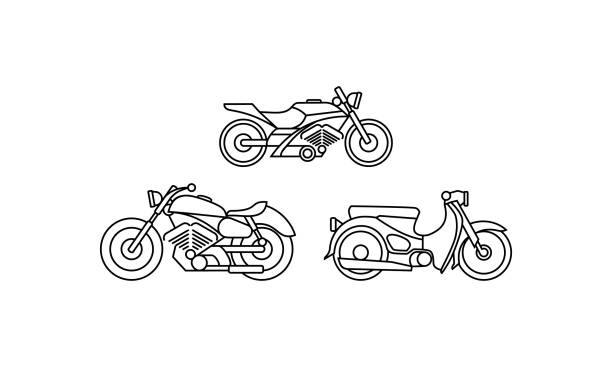 ilustraciones, imágenes clip art, dibujos animados e iconos de stock de línea arte motocicleta logo icono vector - motorcycle isolated speed motorcycle racing