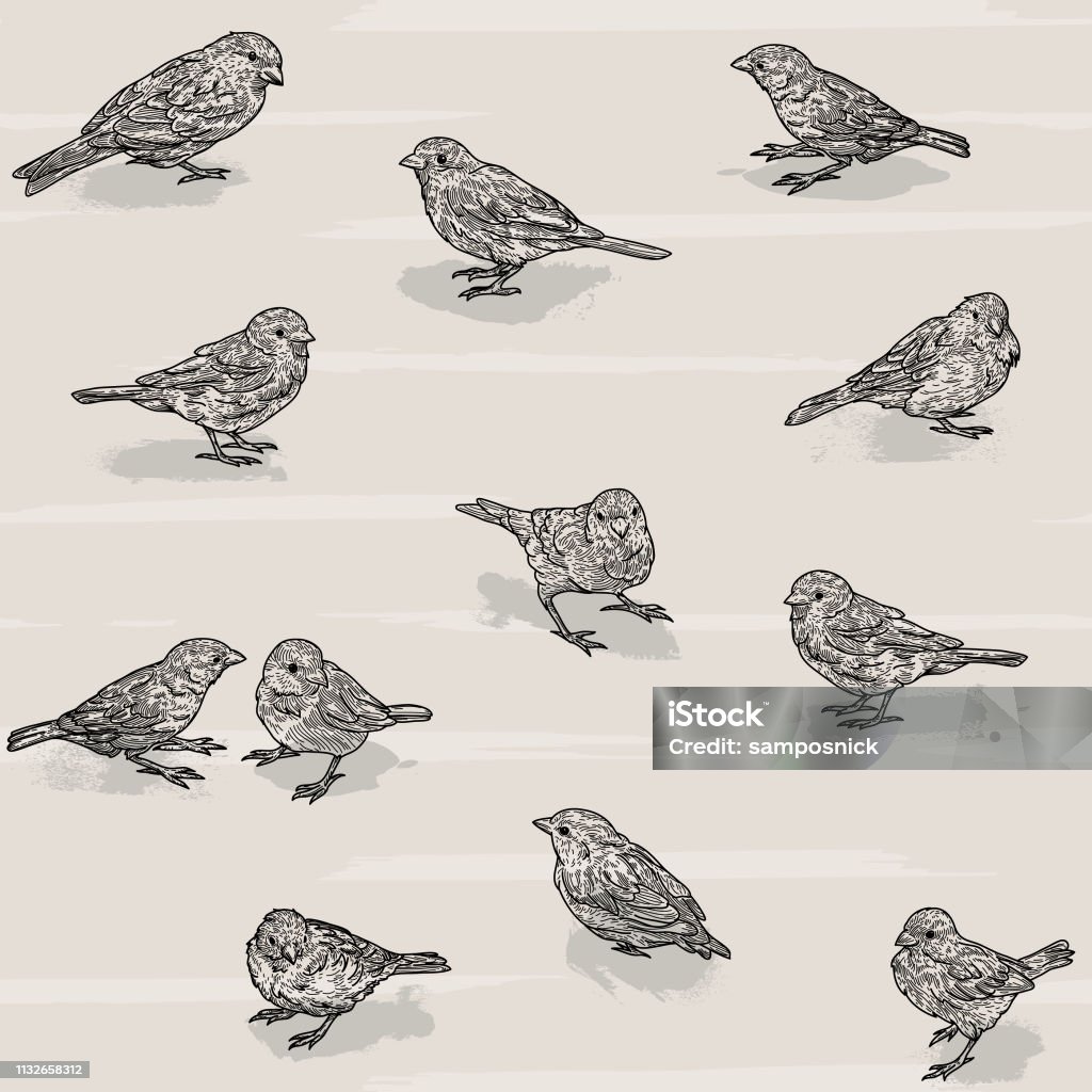 Seamless Scattered Sparrow Bird Pattern A scattered seamless pattern of adorable sparrows against a simple backdrop. Bird stock vector
