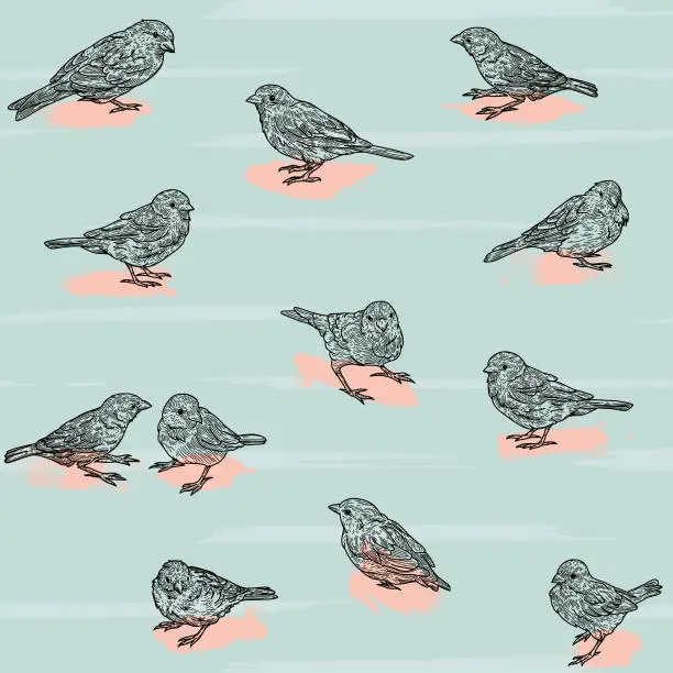 Vector illustration of Retro 80s Seamless Scattered Sparrow Bird Pattern