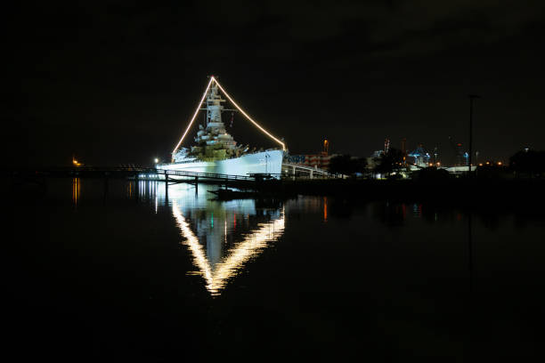 Mobile, Alabama, United States - November 06, 2018: USS Alabama Battleship Memorial Park during a dark night.