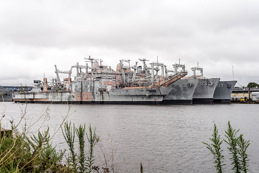 View of old retired navy ships in the old boat yard in Philly.
