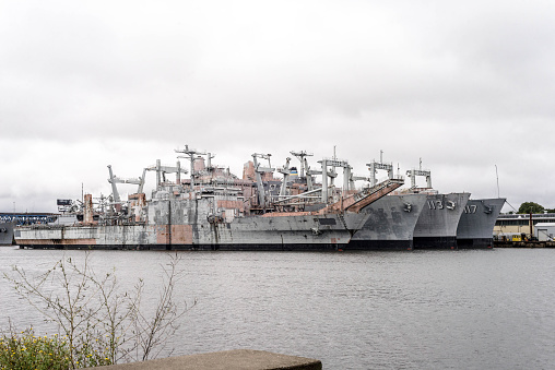 View of old retired navy ships in the old boat yard in Philly.