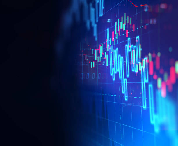 gráfico de inversión bursátil con datos de indicador y volumen. - stock market stock ticker board stock market data finance fotografías e imágenes de stock