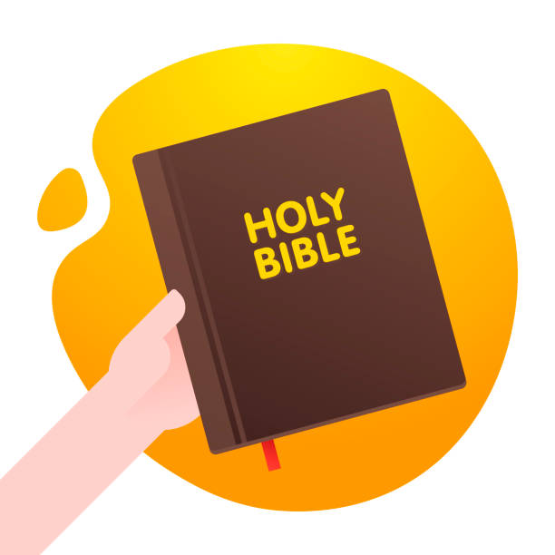 człowiek trzymać biblię świętą w ręku, biblia fundacji życia w isolated pomarańczowy abstrakcyjny kształt tła. wektor płaski - silhouette document adult adults only stock illustrations