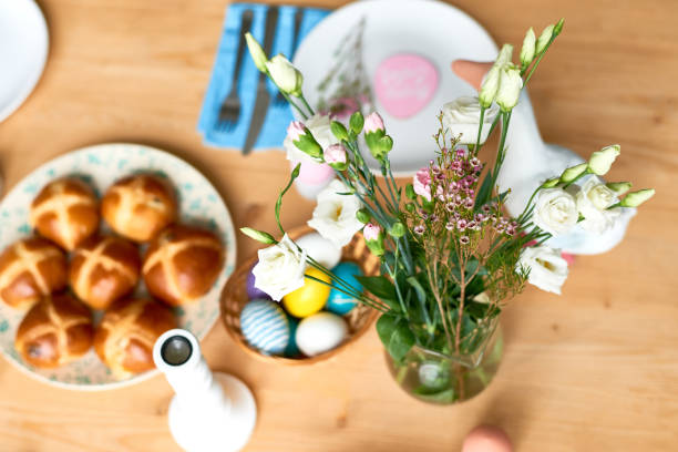 Beautiful flowers on Easter table