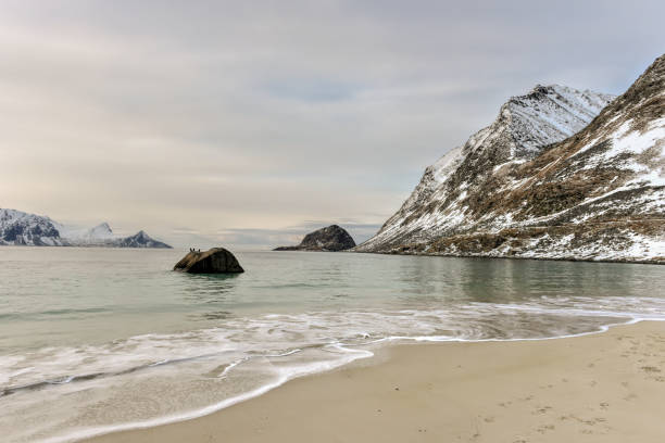 Haukland Beach in the Lofoten Islands, Norway in the winter.