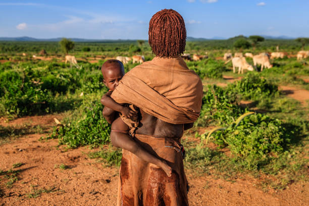 Woman from Hamer tribe carrying her baby, Ethiopia, Africa The Hamer tribe is an indigenous group of people in Africa, and this tribe lives in the southwestern region of the Omo Valley near Kenya, Africa. They are largely pastoralists. hamer tribe photos stock pictures, royalty-free photos & images