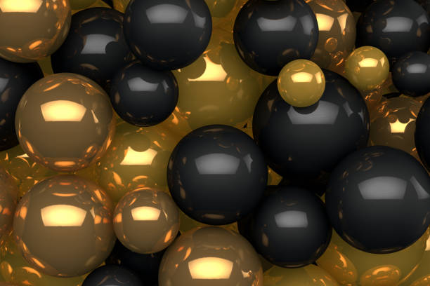 3d rendering Abstract shiny spheres background, black and gold color background, molecular structure.