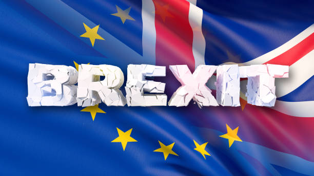 istock 3D illustration of cracked Brexit concept with flag and 3d text 1132676333