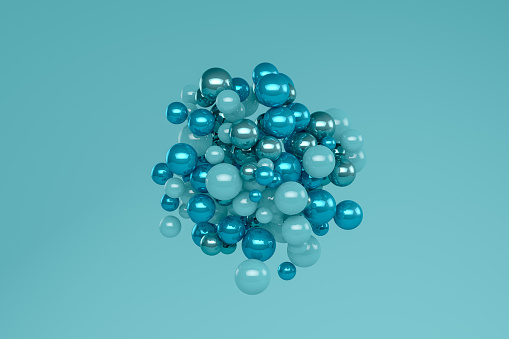 3d rendering Abstract shiny spheres background, turquoise color background, molecular structure.