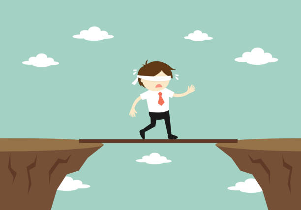 istock Business concept, Blindfolded businessman is walking on a small board to another cliff. Vector illustration. 1132677148