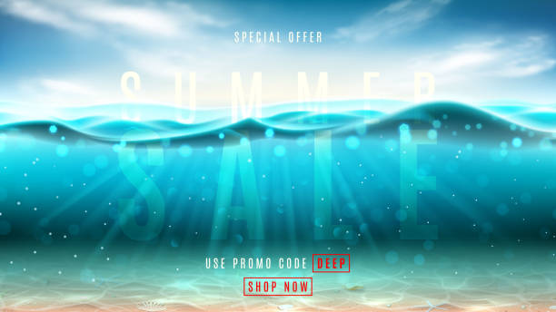 Summer sale promo web banner Summer sale promo web banner. Vector illustration with deep underwater ocean scene. Background with realistic clouds, sea horizon and marine bottom with seashells. holiday vacations party mirrored pattern stock illustrations