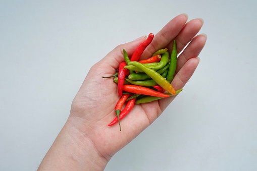 Top eye view closeup of girl left hand holding colorful spicy fresh chili pepper isolated on a white table background at a kitchen room.