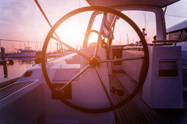 istock A modern speed boat yacht steering wheels. 1132685299