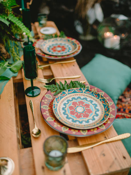 istock Stylish wedding table with candles, dishes and floristic. Wedding rustic dinner 1132686873
