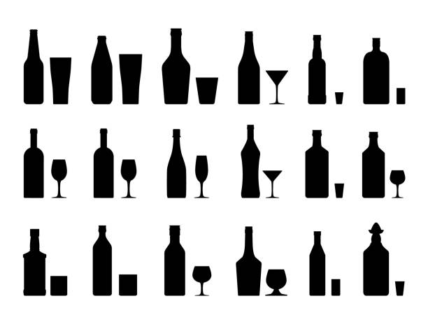 ilustraciones, imágenes clip art, dibujos animados e iconos de stock de silueta de colección de bebidas alcohólicas - silhouette vodka bottle glass