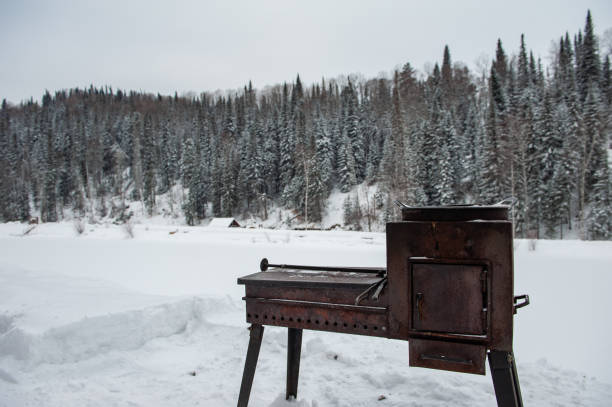 Metal rusty grill in winter forest, relax and resting on the nature concept