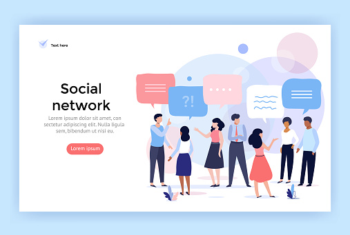 Social network concept illustration, group of people talking with speech bubbles, perfect for web design, banner, mobile app, landing page, vector flat design