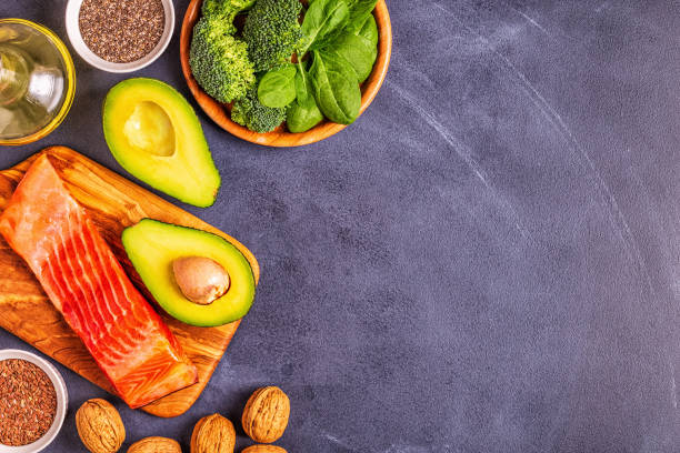 istock Animal and vegetable sources of omega-3 acids. Balanced diet concept. 1132694276