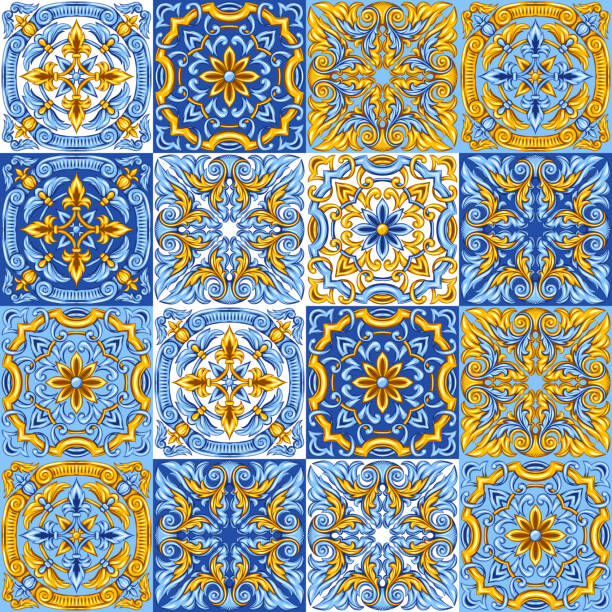 ilustraciones, imágenes clip art, dibujos animados e iconos de stock de patrón de azulejo de cerámica del azulejo portugués. - architecture celebration traditional culture indigenous culture