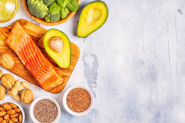 istock Animal and vegetable sources of omega-3 acids. Balanced diet concept. 1132694320
