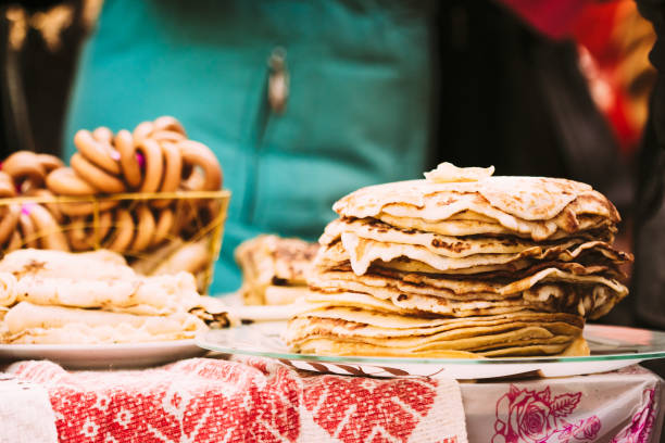 A stack of pancakes on a plate. Snack on holiday Maslenitsa