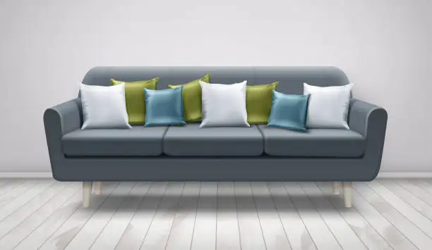Vector illustration of Vector illustration of gray sofa with cushions on wooden floor and white wall. White, blue, and green pillows on settee