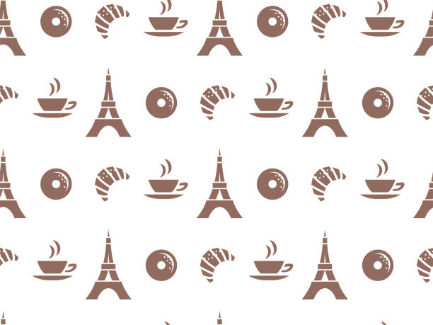 Vector seamless pattern for cafes, or for packing products. Pastries, coffee, Paris. Vector seamless pattern for cafes, or for packing products. franc symbol silhouette stock illustrations