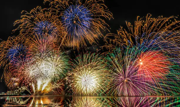 10,000 fireworks launched into the air over Lake Biwa in Japan, a stunning display of light that plays out in harmony with jets of fountain water.