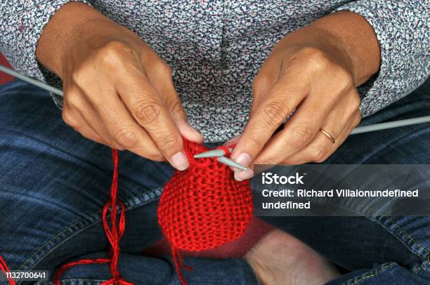 Knit With Red Wool Stock Photo - Download Image Now - Ball Of Wool, Close-up, Fashion